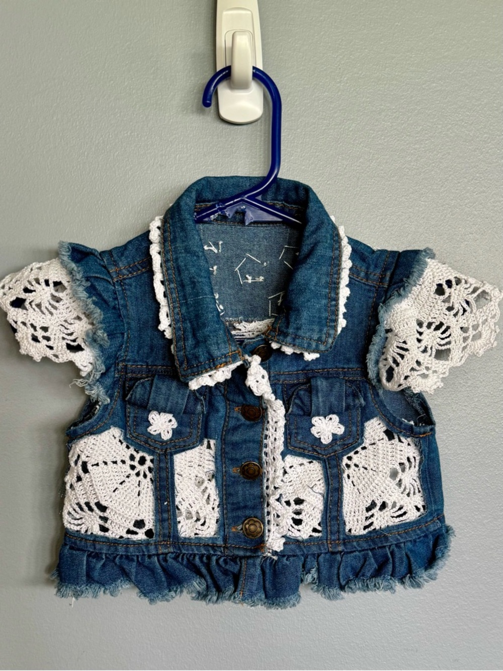 Upcycled Girls Blue Denim Crochet Trim Vest - Unbranded